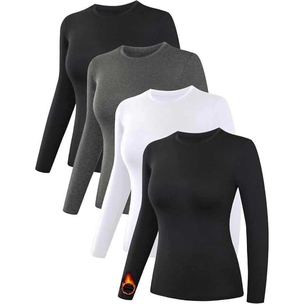 Women’s Thermal Fleece-Lined Compression Long Sleeve Base Layer Top Pack of 4